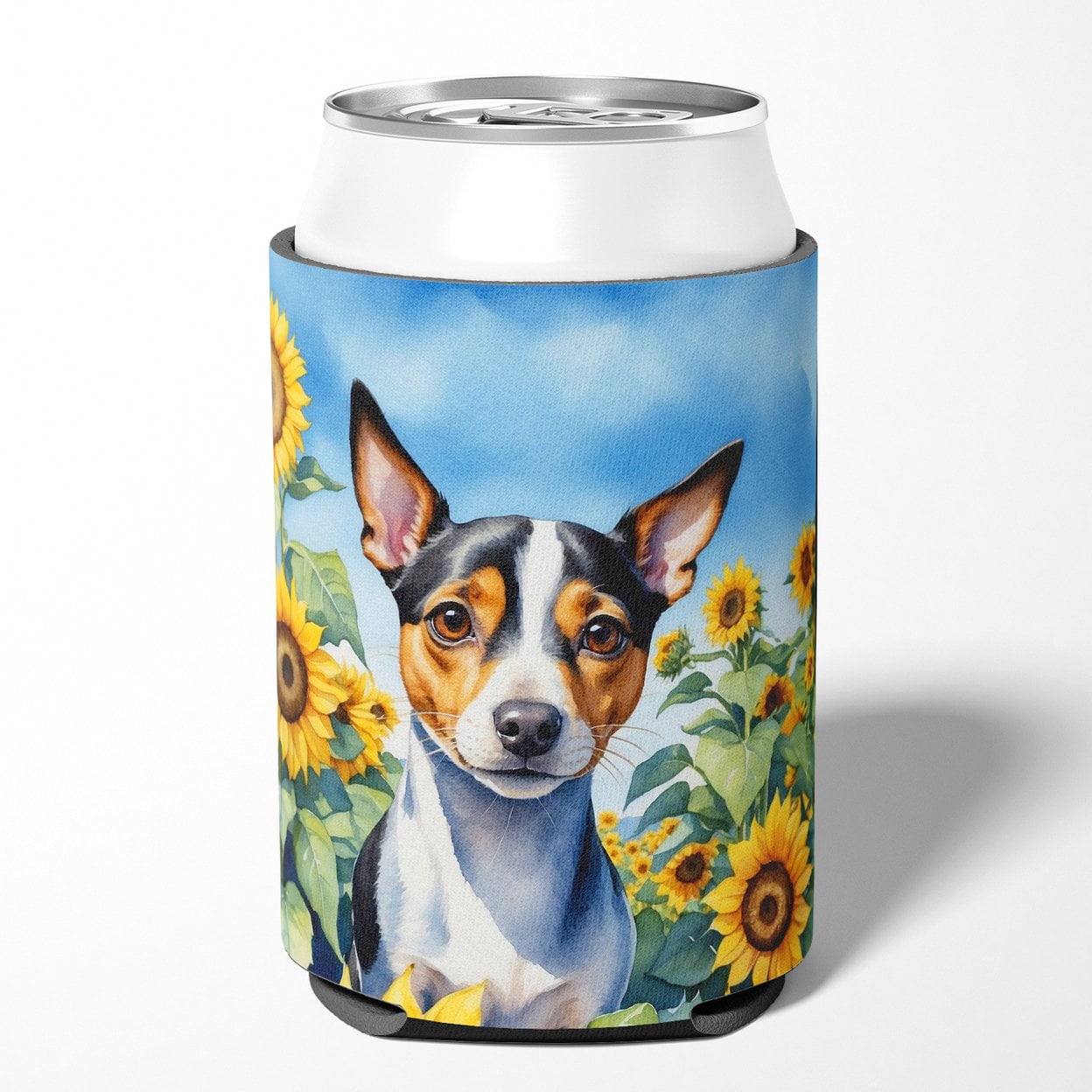 Rat Terrier in Sunflowers Can or Bottle Hugger 3 in x 5 in