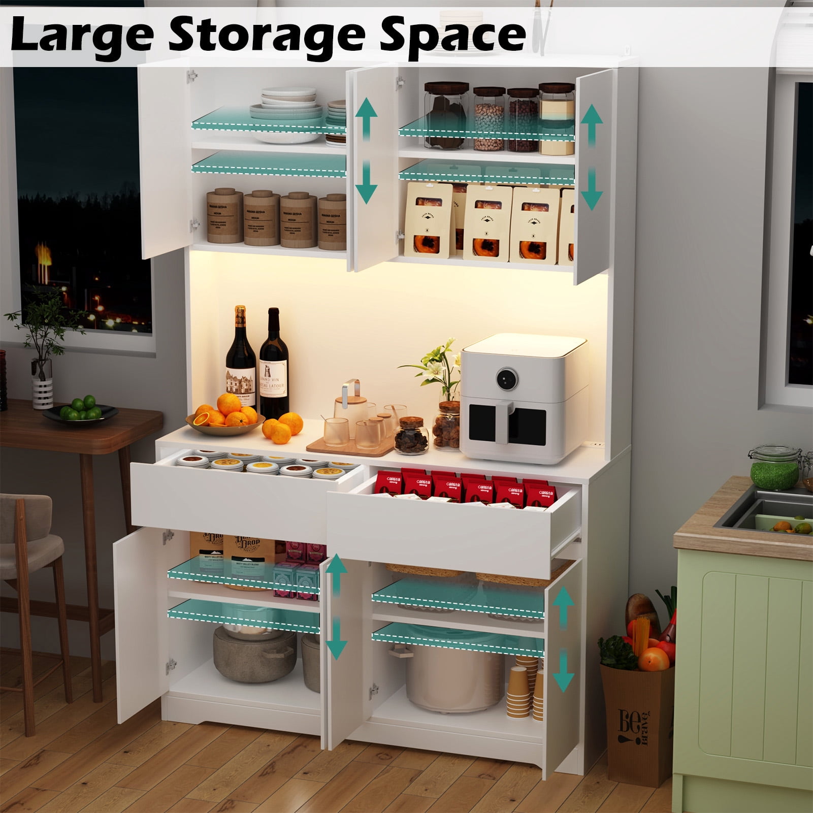 71" Tall Kitchen Pantry with LED Light & Charging Station, 8 Door Kitchen Cupboard with Large Storage and Microwave Stand, Freestanding Hutch Cabinet for Dining Living Room