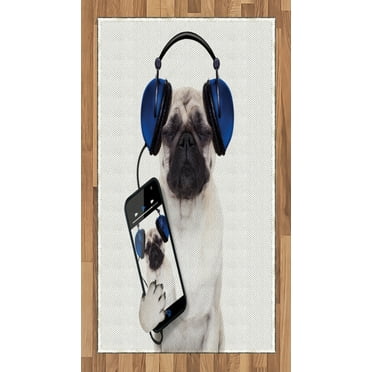 Pug Area Rug, Dog Listening Music on The Smartphone Groovy Cool Headphones Animal Funny Image, Flat Woven Accent Rug for Living Room Bedroom Dining Room, 4' X 5.7', Navy Blue, by Ambesonne