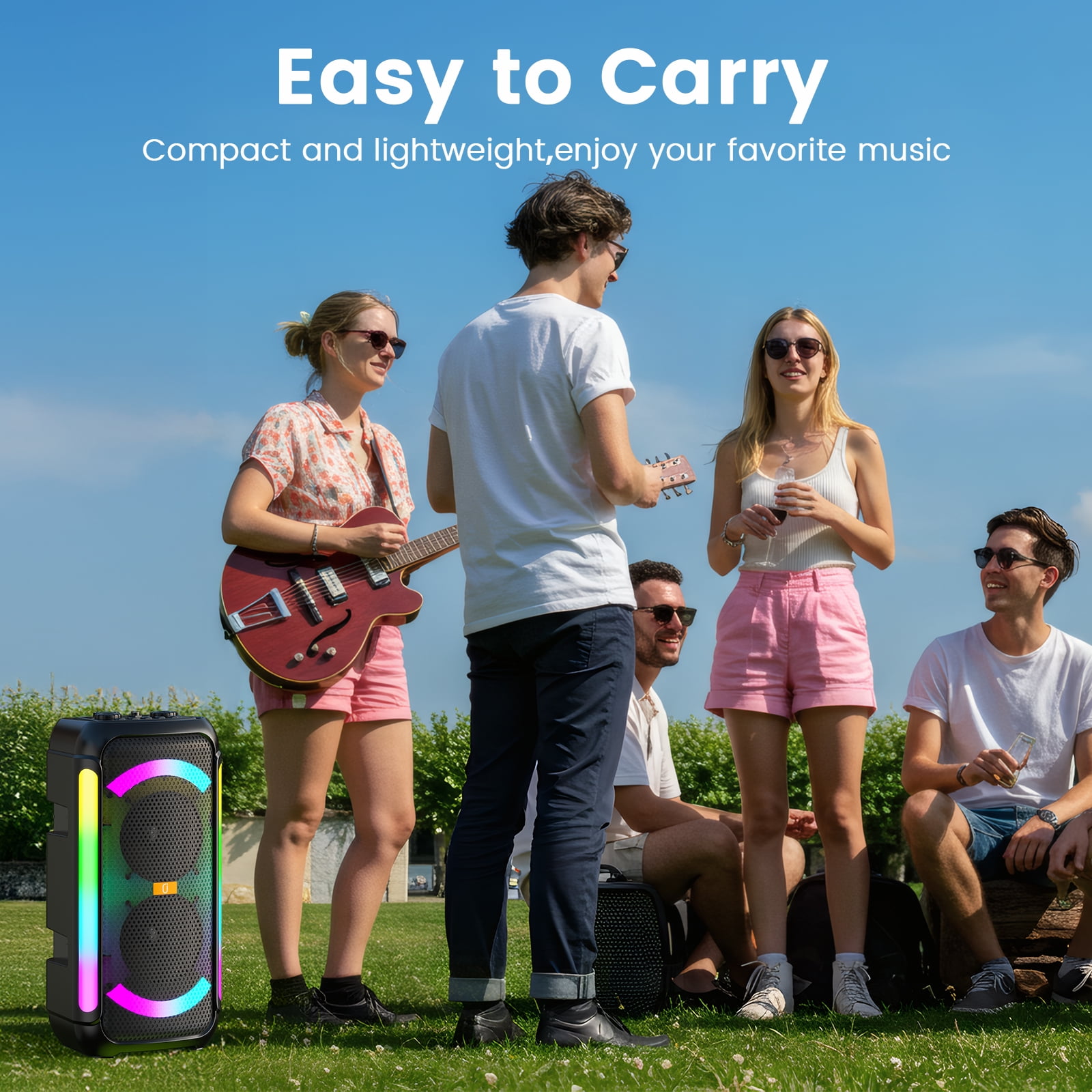 FanFun Portable Bluetooth Speaker, 60W Powerful Speaker with 2 Wireless Microphones with RGB Lights, Perfect for Adults & Kids, Home & Outdoor Party