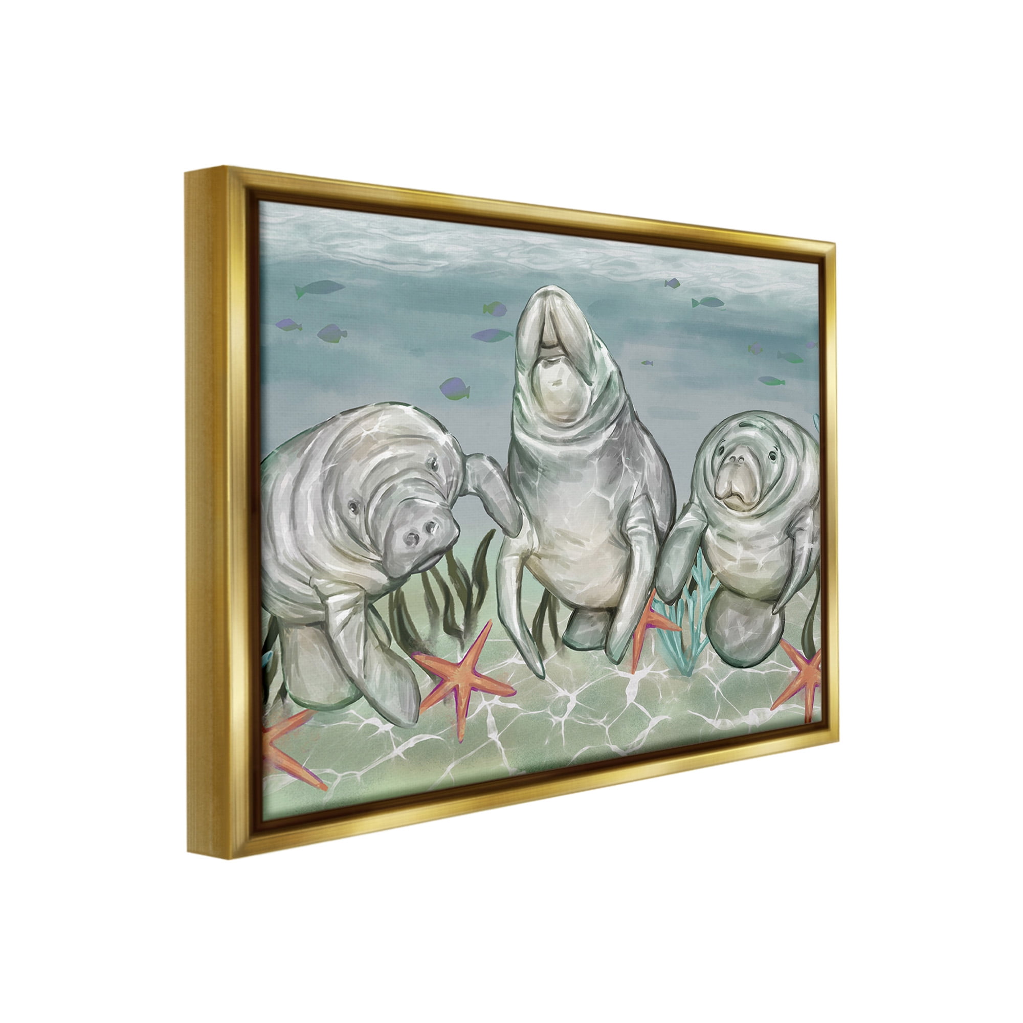 Stupell Industries Underwater Manatees & Starfish Animals & Insects Painting Gold Floater Framed Canvas Art Print Wall Art, 21 x 17