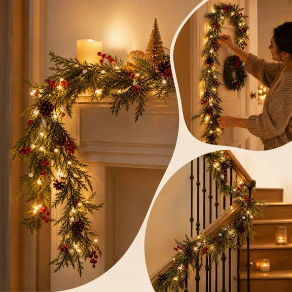 Christmas Pine Garland Decor, Natural Artificial Norfolk Style Swag with Rustic Greenery and Classic Style, Festive Display for Fireplace, Dining Table, Wall, Home, Green 1*1cm