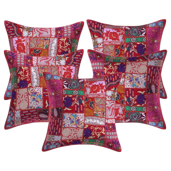 Stylo Culture Ethnic Cotton Home Decor Throw Pillow Covers Red 20 x 20 Bohemian Vintage Patchwork Ethnic Sofa Cushion Covers 50x50 cm Living Room Abstract Square Pillow Cases | Set Of 5