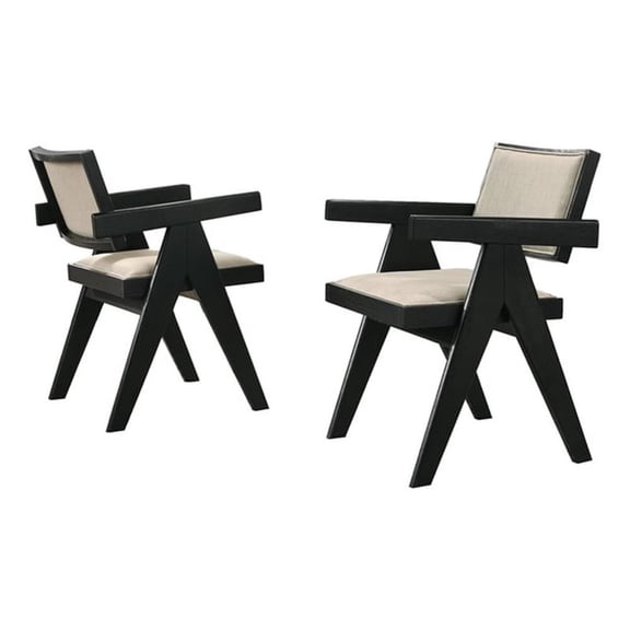 Jasper 21" Set of 2 Ebony Black Wood Dining Arm Chairs Beige Upholstered Seat