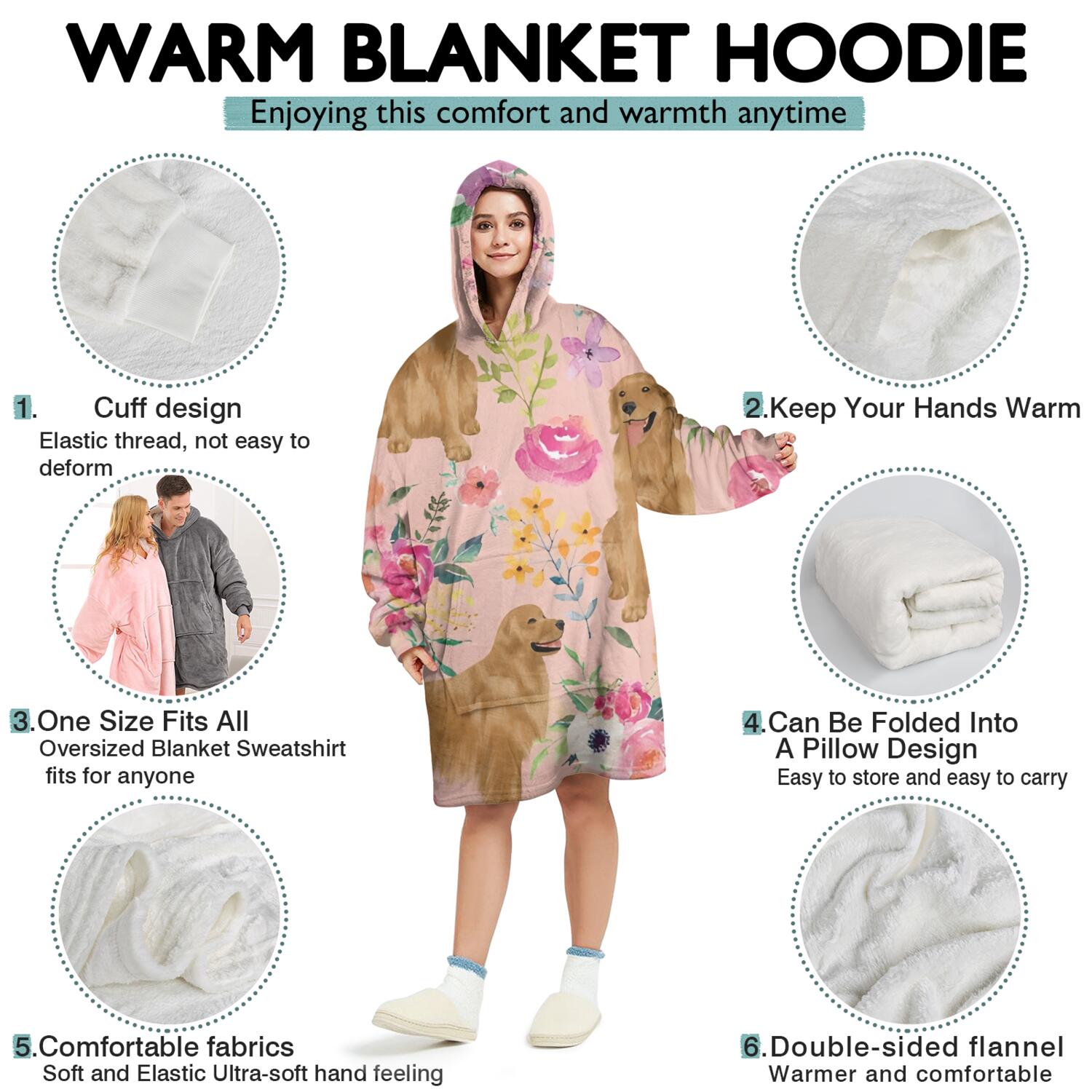 Wearable Oversized Blanket,Golden Retriever with Flowers Wearable Blanket Hoodie for Adults,Cozy Hooded Blankets with Super Pockets,Super Warm Fuzzy Pullover for Women & Men