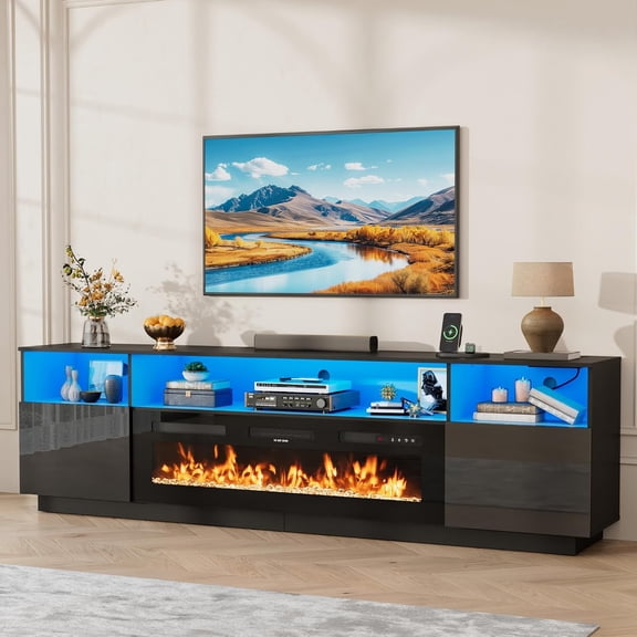 Aphthongs 90" Fireplace TV Stand with 50" Electric Fireplace, LED Light Entertainment Center for TVs Up to 100", High Glossy Modern Media Console for Living Room, Bedroom