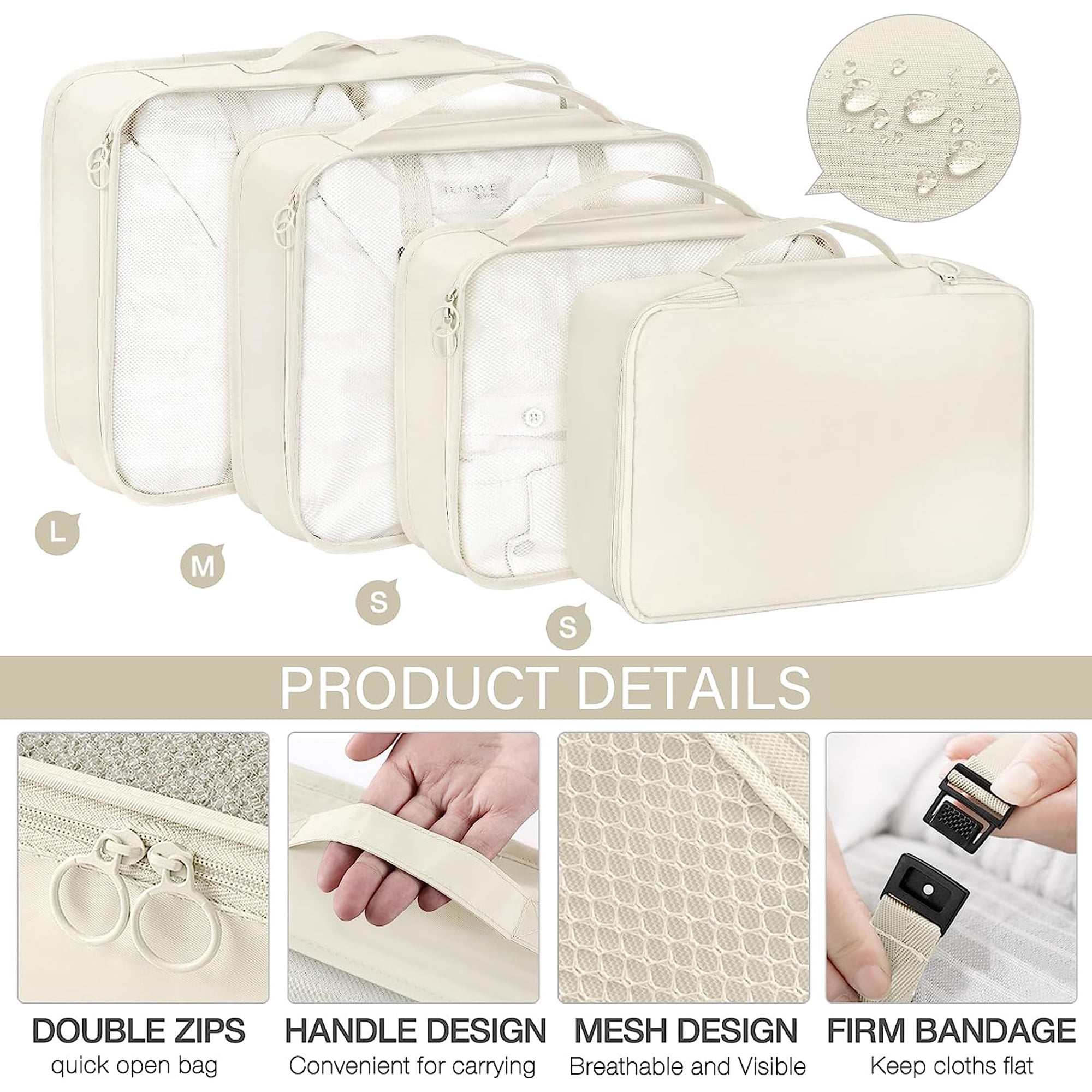 lEPECQ Packing Cubes for Travel & Suitcases Foldable Suitcase Organizer Lightweight Luggage Storage Bag 6 Pack - Beige
