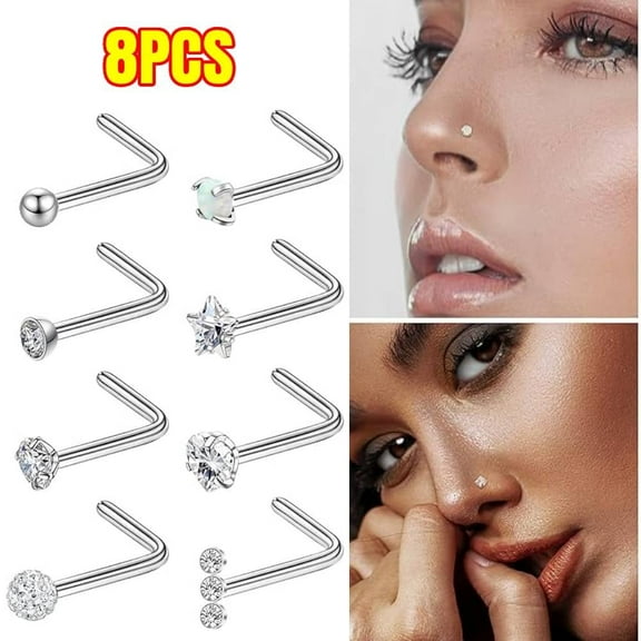 Hypoallergenic Nose Rings 20G Titanium Nose Rings Studs L Shaped Nose Studs Rings Cubic Zirconia Opal Heart Ball Labret Lip Nose Piercing Jewelry for Women Men