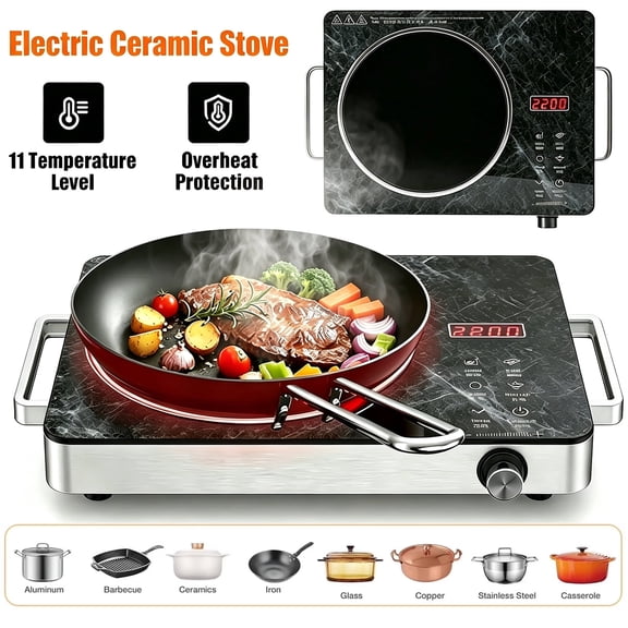 OhhGo Electric Ceramic Stove, 2200W Hot Plate Infrared Induction Cooker, Home Cooktop Cooking Furnace US 110V, Portable Cooker Cooktop Burner with 2 Handle, Black