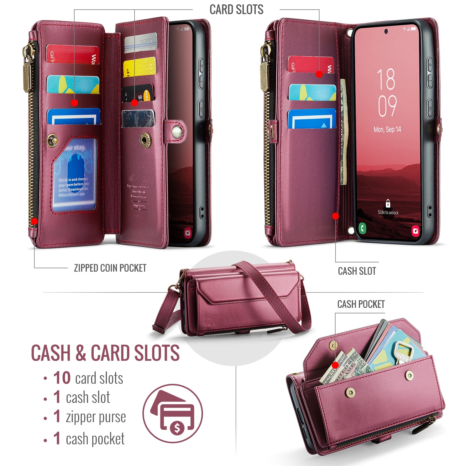 Compatible with Samsung Galaxy S25 Plus S25+ 5G Zipper Wallet Phone Case Tempered Glass Screen Protector Crossbody Lanyard Strap Flip Card Holder Slot Cell Cover for S25Plus 25S + S 25 Women Wine Red