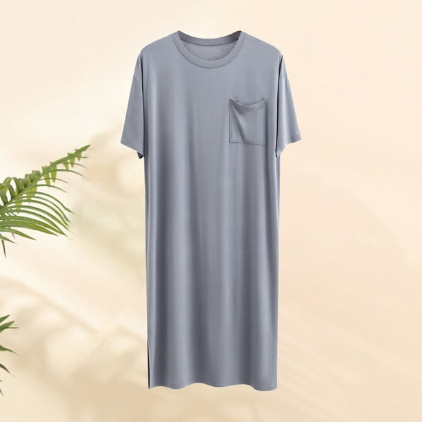 Batas de hombre, camisón de cuello redondo, manga larga, largo hasta la rodilla, agrandado, suave y cómodo, para colgar hacia abajo, color sólido, camisón de hombre, bata de dormir para hombre