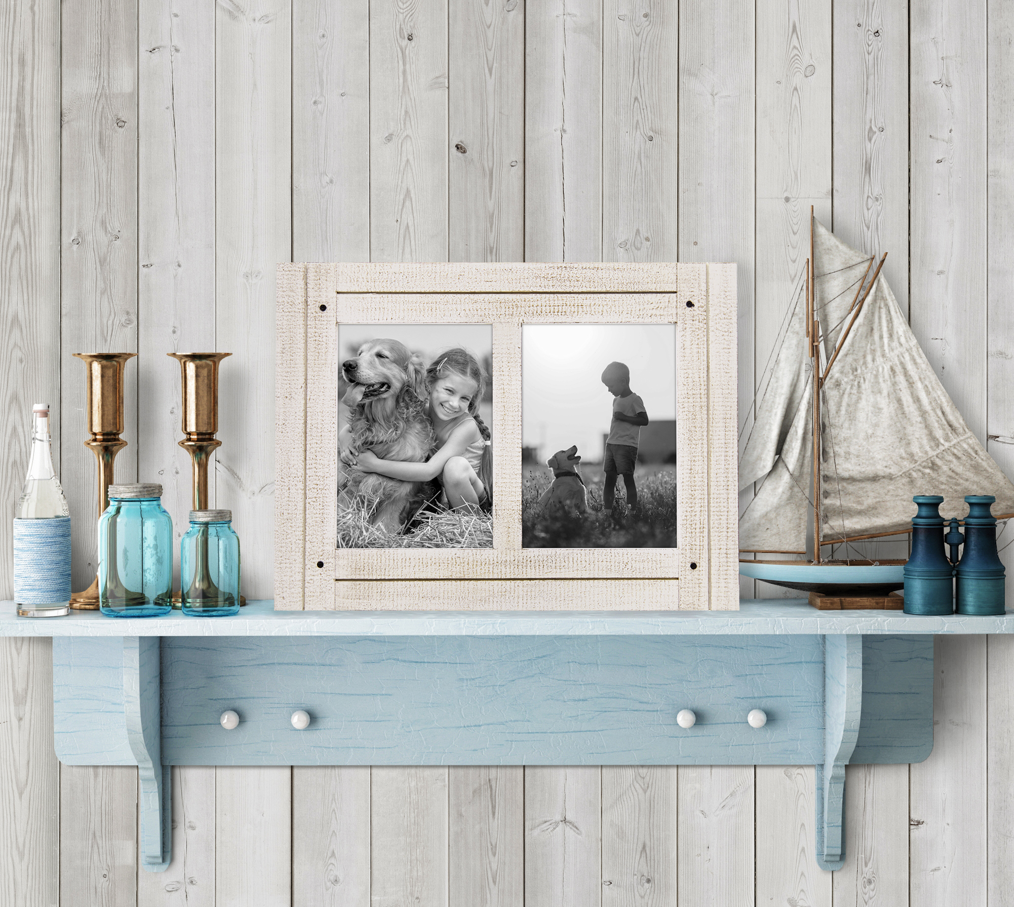 Americanflat 5x7 Collage Picture Frame with Glass aspen distressed photos comes ready built sawtooth stand - White