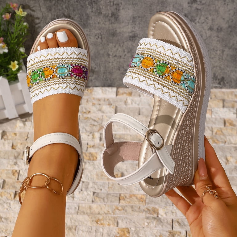 bohemian dress shoes Ethnic Embroidered Platform Sandals for Women Lightweight Open Toe Woven Bohemian  Dress Shoes with Ankle Strap White Size 9