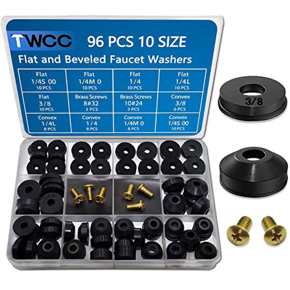 TWCC 96 pc Flat and Beveled Faucet Washers and Brass Bibb Screws Assortment for Use with Assorted Quick-Opening Style Faucets Stem Worn Out Washer Replacements Black