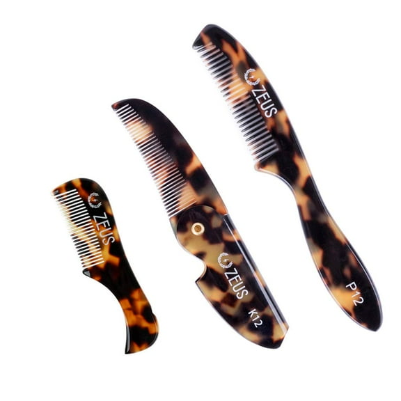 ZEUS Mustache Comb Set for Men - Best Handmade Saw-Cut Pocket, Folding, and Large Moustache Comb Gift Set! (Tortoiseshell)