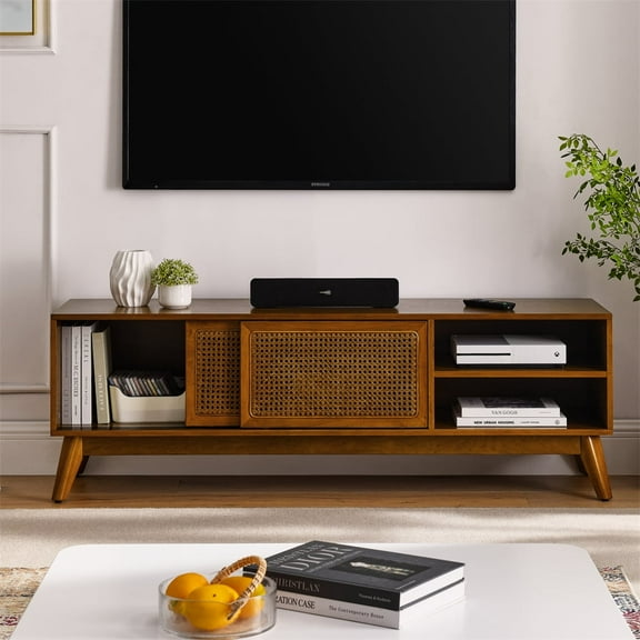 Dtwnek TV Stand for TVs up to 65", Wood TV Cabinet with 2 Open Shelves, Rattan Media Console Table for Living Room, Bedroom