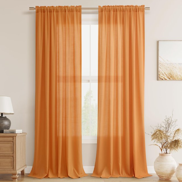 Cortinas Guken de lino naranja de 300 cm de longitud para sala de estar, 2 paneles