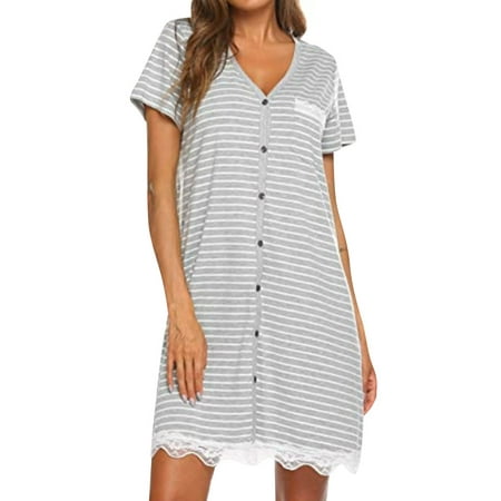 

QAFOPEH Women Stripe Print Sleepwear Lace Stitching Buttons V Neck Nightshirt