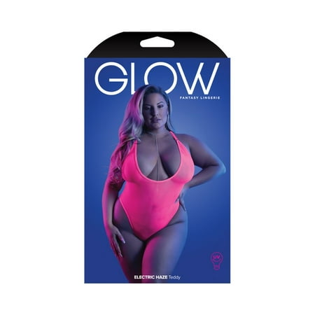 Fantasy Lingerie Glow Electric Haze Criss Cross Back Teddy with Snap Closure Neon Pink Queen Size