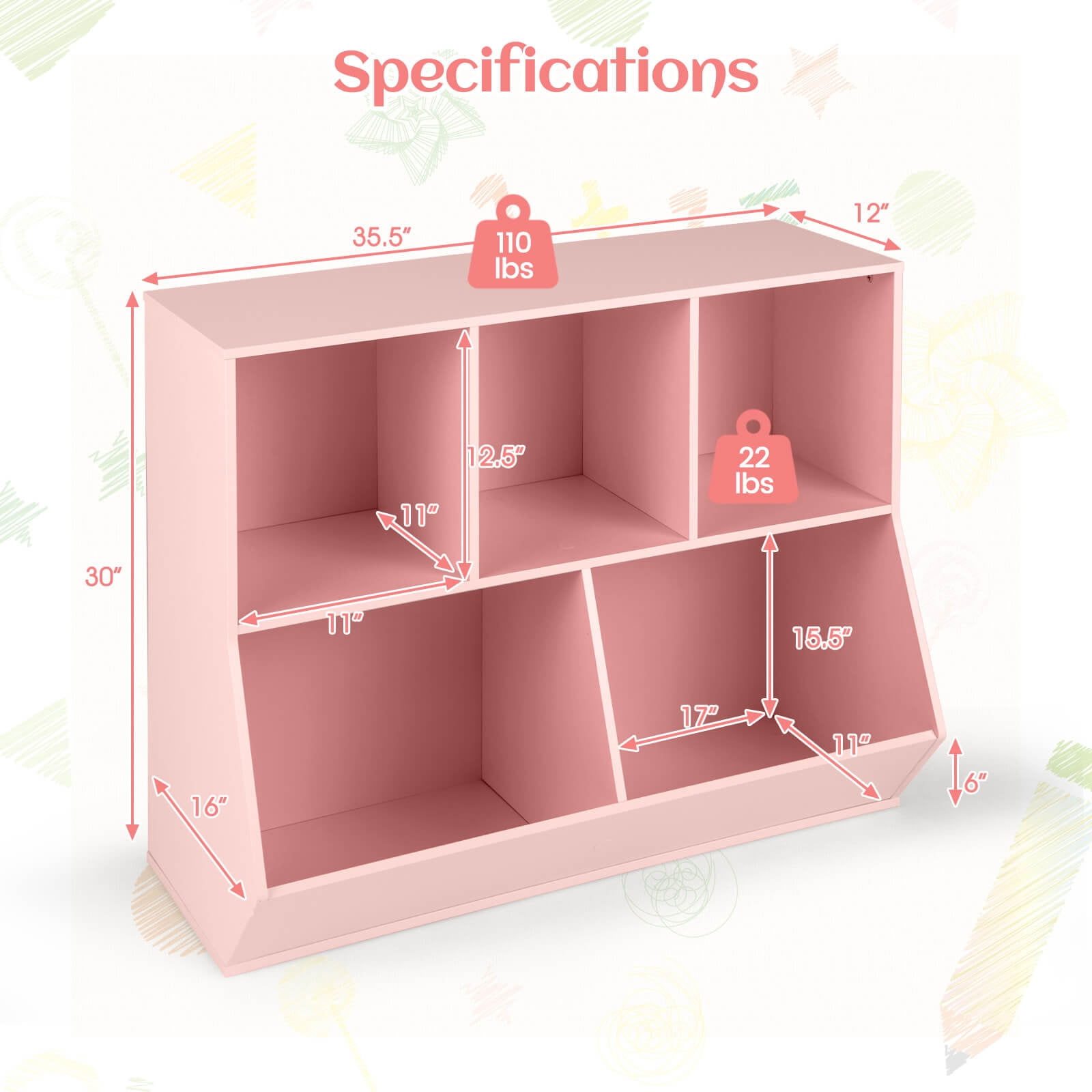 Costway 5-Cubby Kids Toy Storage Organizer Wooden Bookshelf Display Cabinet Pink