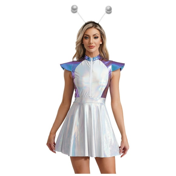 TSSOE Womens Alien Cosplay Costume Shiny Metallic Cap Sleeves A-line Mini Outer Space Dress with Blue XXL
