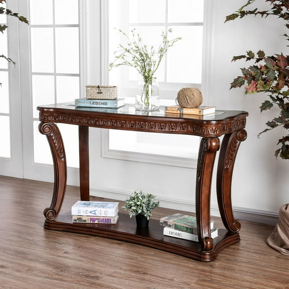 Furniture of America Walton Glass Top Sofa Table, Dark Oak