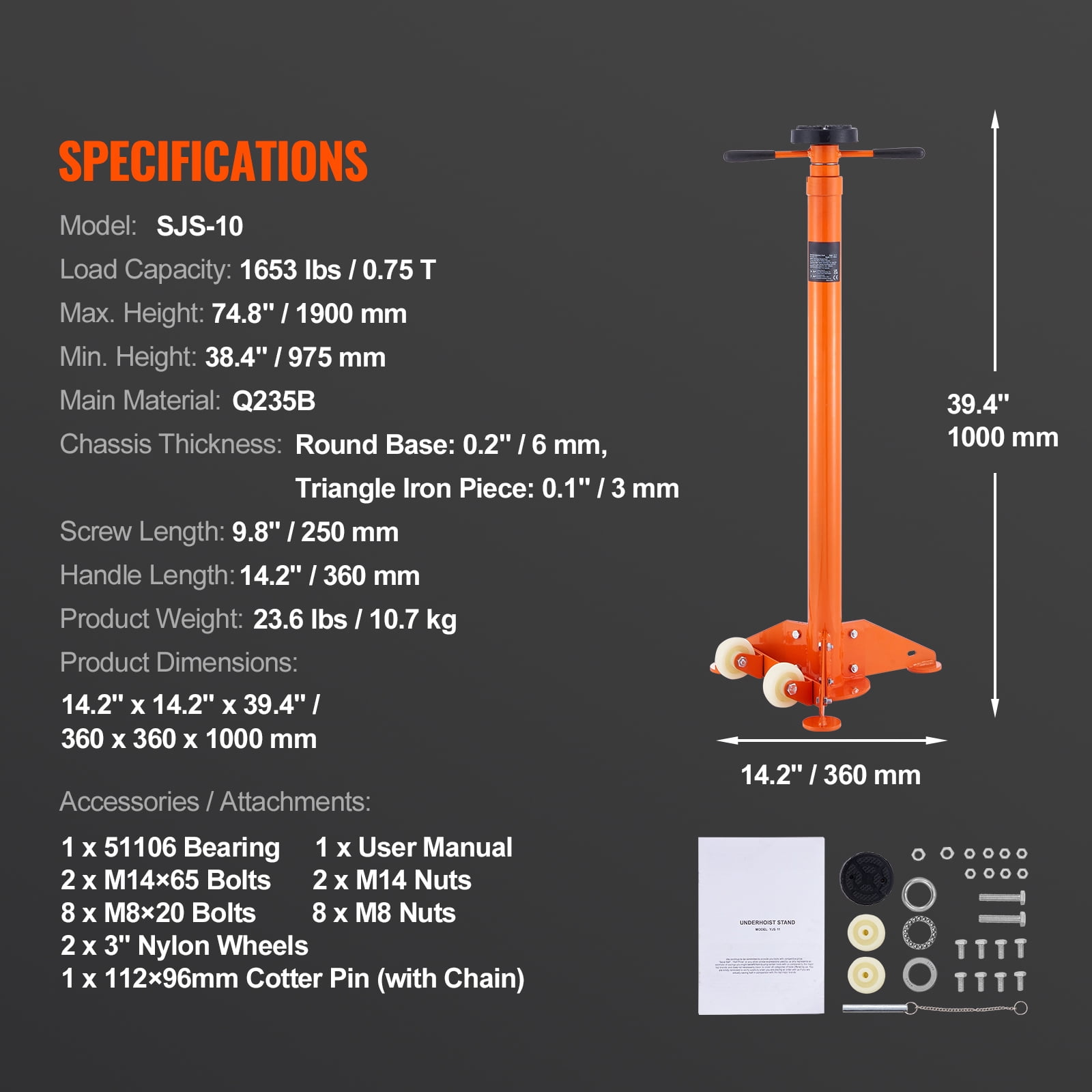 KFFKFF Support Stand, 3/4 Ton Pole Jack, Durable Jack Stand for Vehicles, Adjustable Height 43.3"-70.9", Stable Triangular Base, Mobile with Two Wheels, for Automotive Lifting