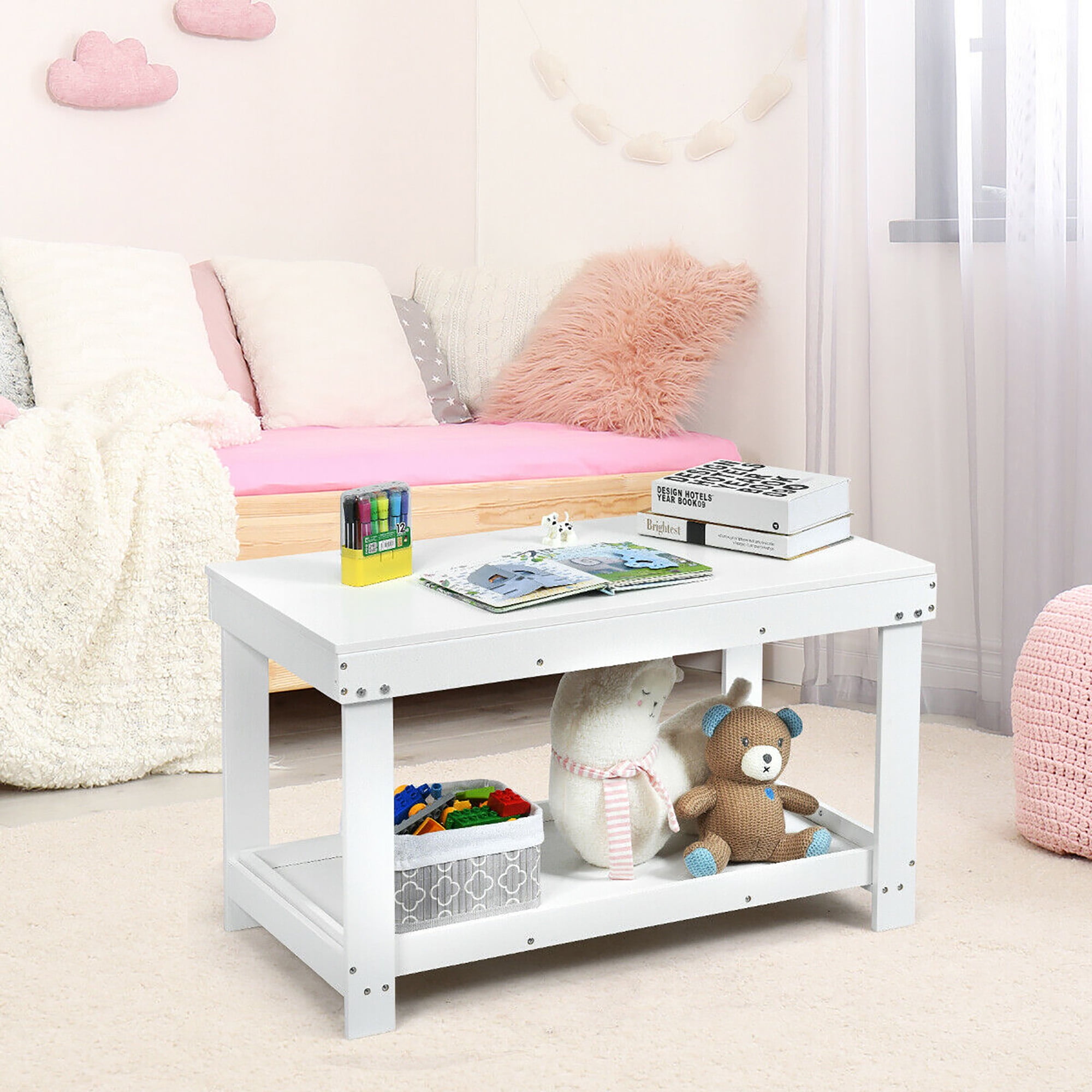 Gymax Solid Wood Block Table Kids Activity Play Table Multifunction W/Storage White