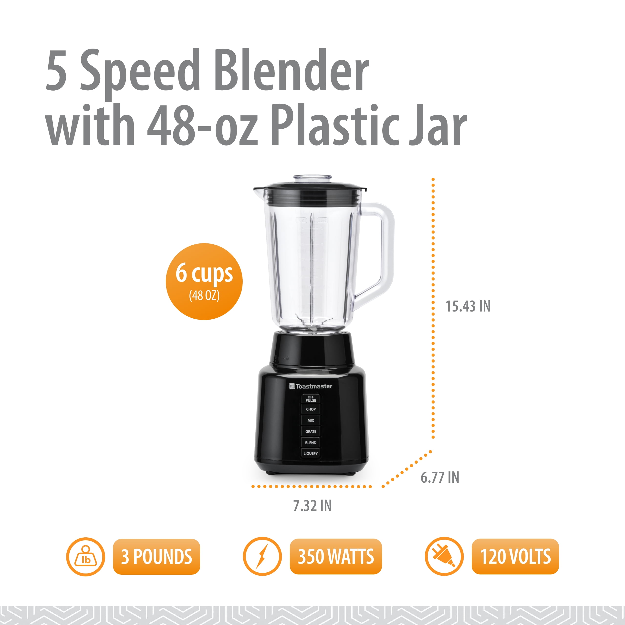 Toastmaster 450 Watt Blender with 48 oz BPA-Free Jar