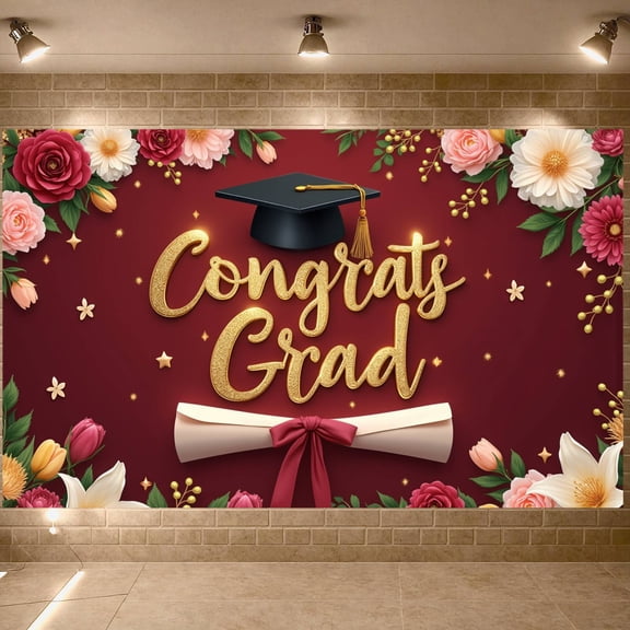 Gold Glitter Lettering Graduation Banner Floral Decor Grad Party Backdrop Maroon Background Star Accents Academic Background for Graduation Ceremony College Graduation Grad Party