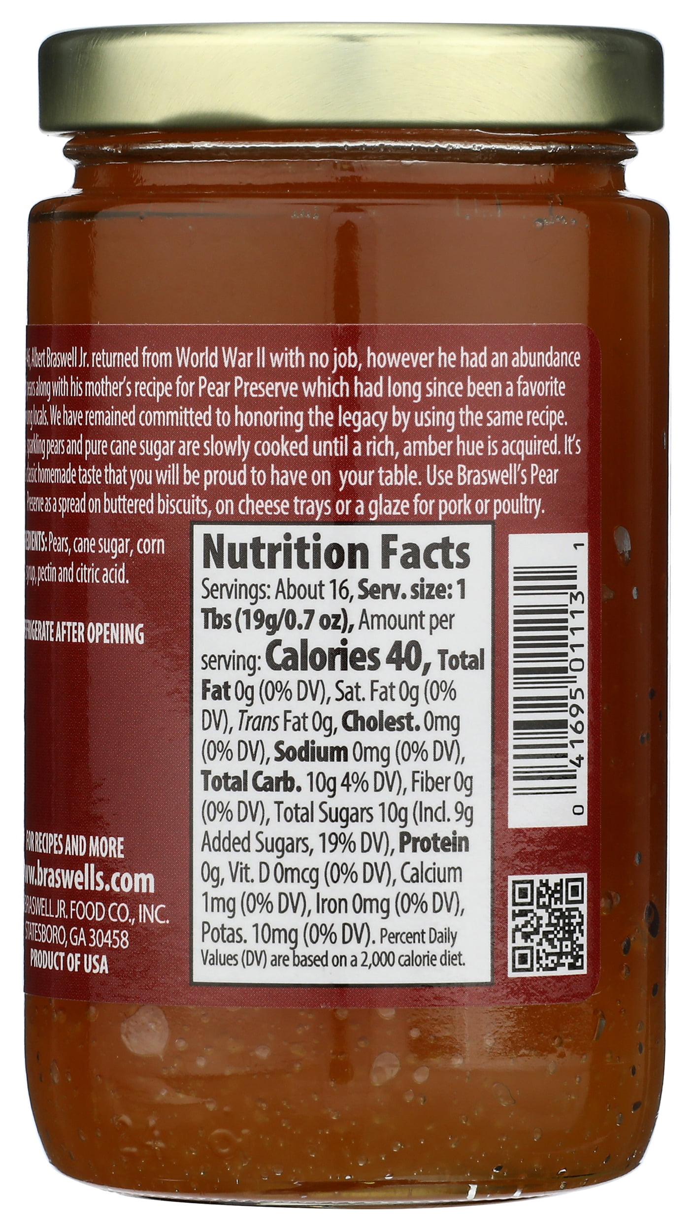 Pack of 6, Braswell's Pure Pear Preserves, 10.5 oz