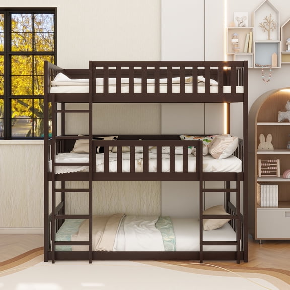 Twin Size Triple Rubber Wood Bunk Bed, with Ladders, Guardrails Detachable Bunk Bed, Twin over Twin over Twin,Espresso