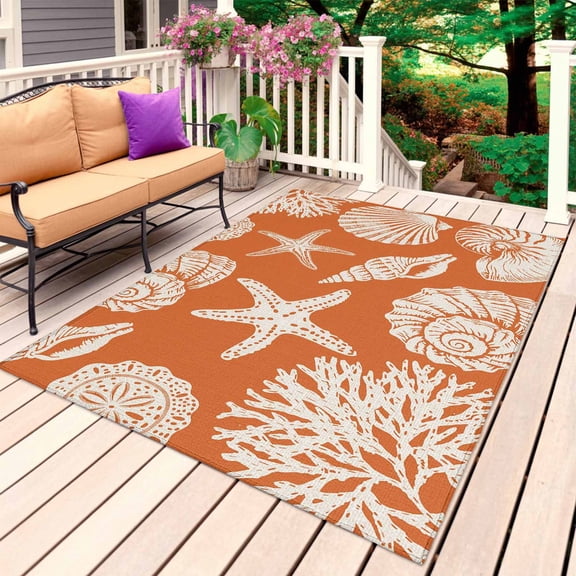 Orange Starfish Coastal Outdoor Rug 3x5 Ft, Non Slip Washable Area Rug, Shell Coral Summer Beach Nautical Ocean Patio Rugs Carpet Runner, Large Floor Mat for Indoor/Outdoor Deck Porch Camping