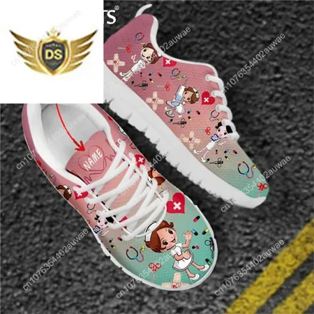 

Pink Nursing Shoes Ladies Flats Sneakers Cute Cartoon Nurse/Doctor Brand Design AF Mesh Lightweight Female Footwear