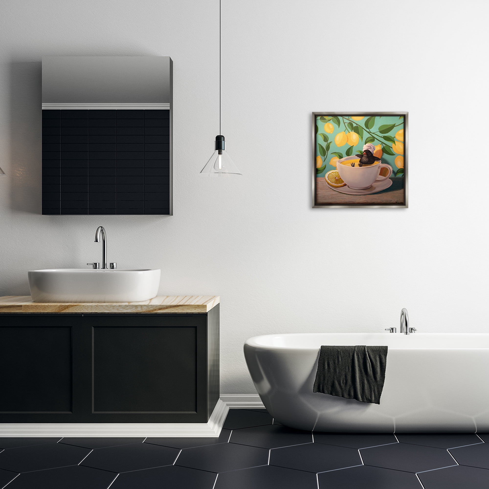 Stupell Industries Bird Bathing Lemon Tea Animals & Insects Painting Gray Floater Framed Canvas Art Print Wall Art, 18 x 18