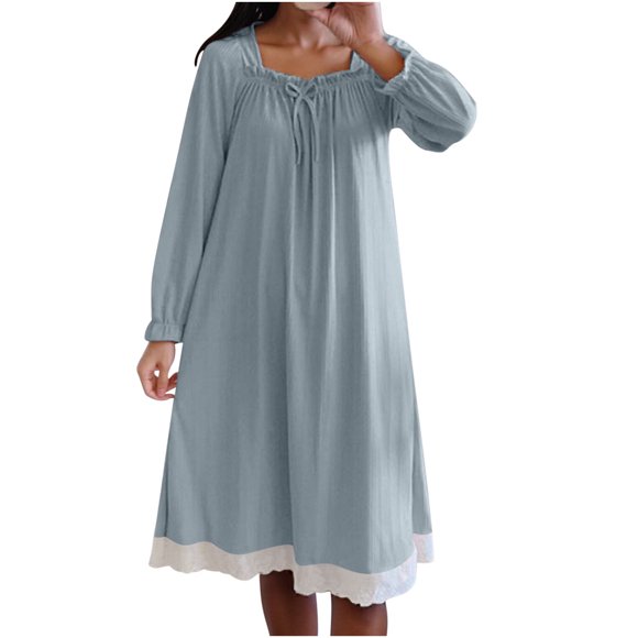 Lcziwo Women's Victorian Nightdress Vintage Ruffle Lace Soft Loungewear Long Sleeve Square Neck Nightgown Blue,L