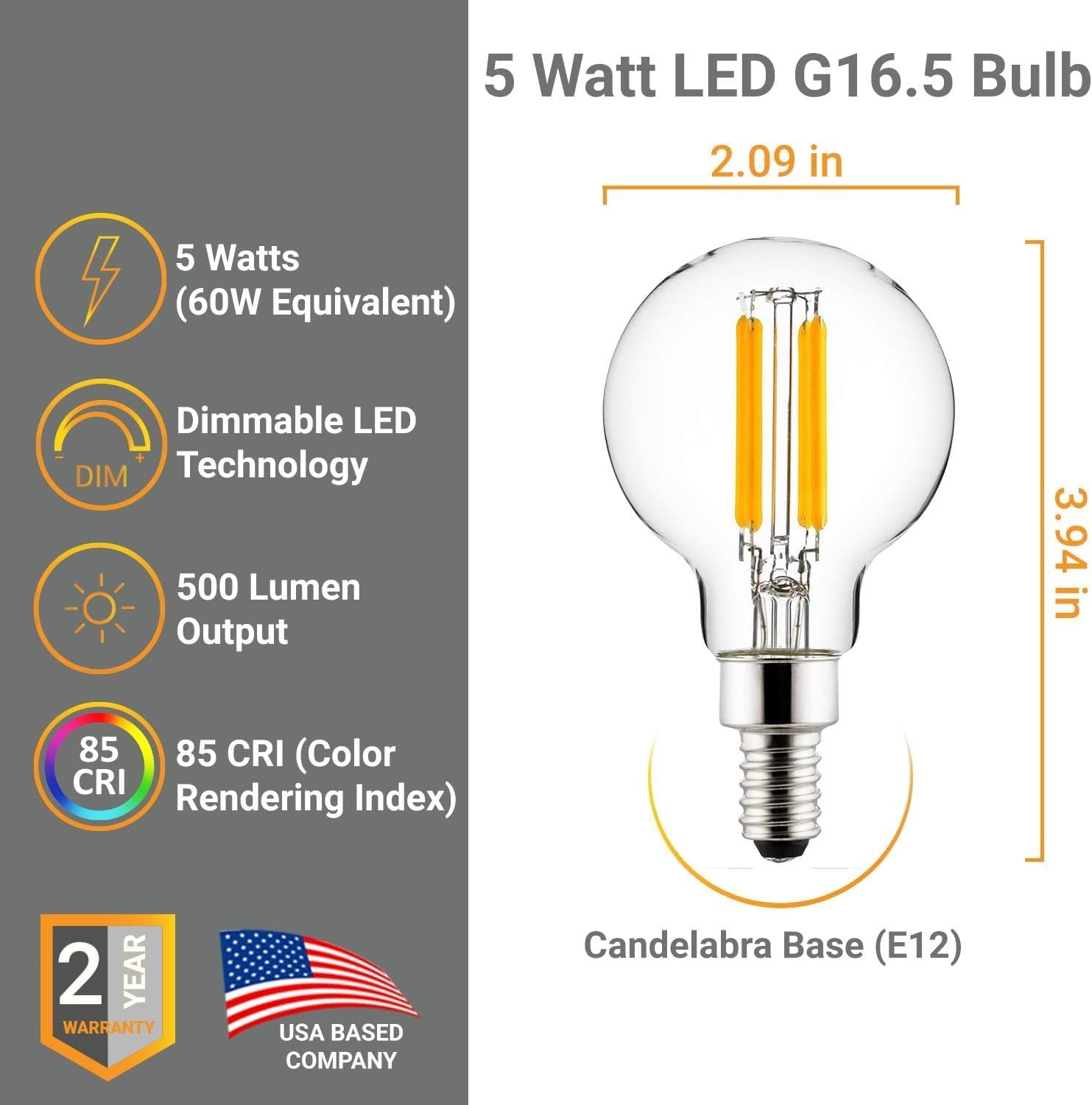 Diodesy- Pack of 6 G16.5/LED/FS/5W/E12/CL/50K E12 Led Dimmable G16.5 Globe Light Bulb, Candelabra Bulb, 5Watts (60W Equivalent) for Chandelier, Ceiling Fan, Vanity Light, 5000K Bright White, UL Listed
