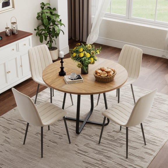 KATBOC 43.3" Natural Round MDF Dining Table Set with 4/6 Velvet Dining Chairs, X-Shaped Base for Dining Room & Apartment
