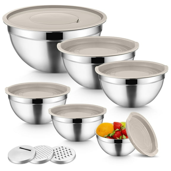 Mixing Bowls with Lids Set of 9, Vesteel Stainless Steel Mixing Bowl Metal Nesting Salad Bowls Attach with 3 Graters for Kitchen Grating/ Shredding, Size 4.6, 2.6, 2, 1.5, 1, 0.7 QT - Khaki