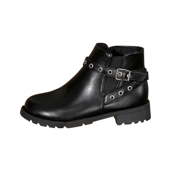Xfvqtps Ankle Boots for Women Side Zipper Pointy Toe Block Low Heel Buckle Strap Leather Fashion Commute Booties