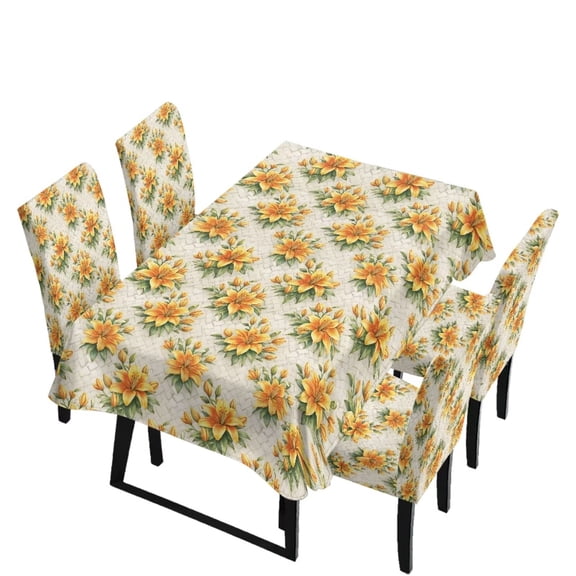TSOVTHRID Lily Flower Print 5-Piece Table and Chair Cover Set, Rectangle Tablecloth with 4 Chair Slipcovers Removable Furniture Protector for Dining Room, Kitchen, Holiday Decor