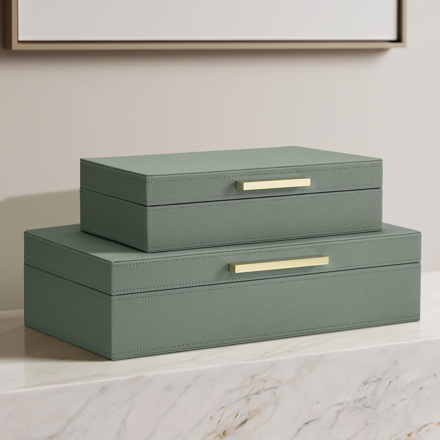 Decorative Storage Boxes with Lids – Set of 2 Beautiful PU Leather Organizer Bins for Your Bookshelf Home Decor - Safely Store Photos, Documents and Memory Box Keepsakes in Style