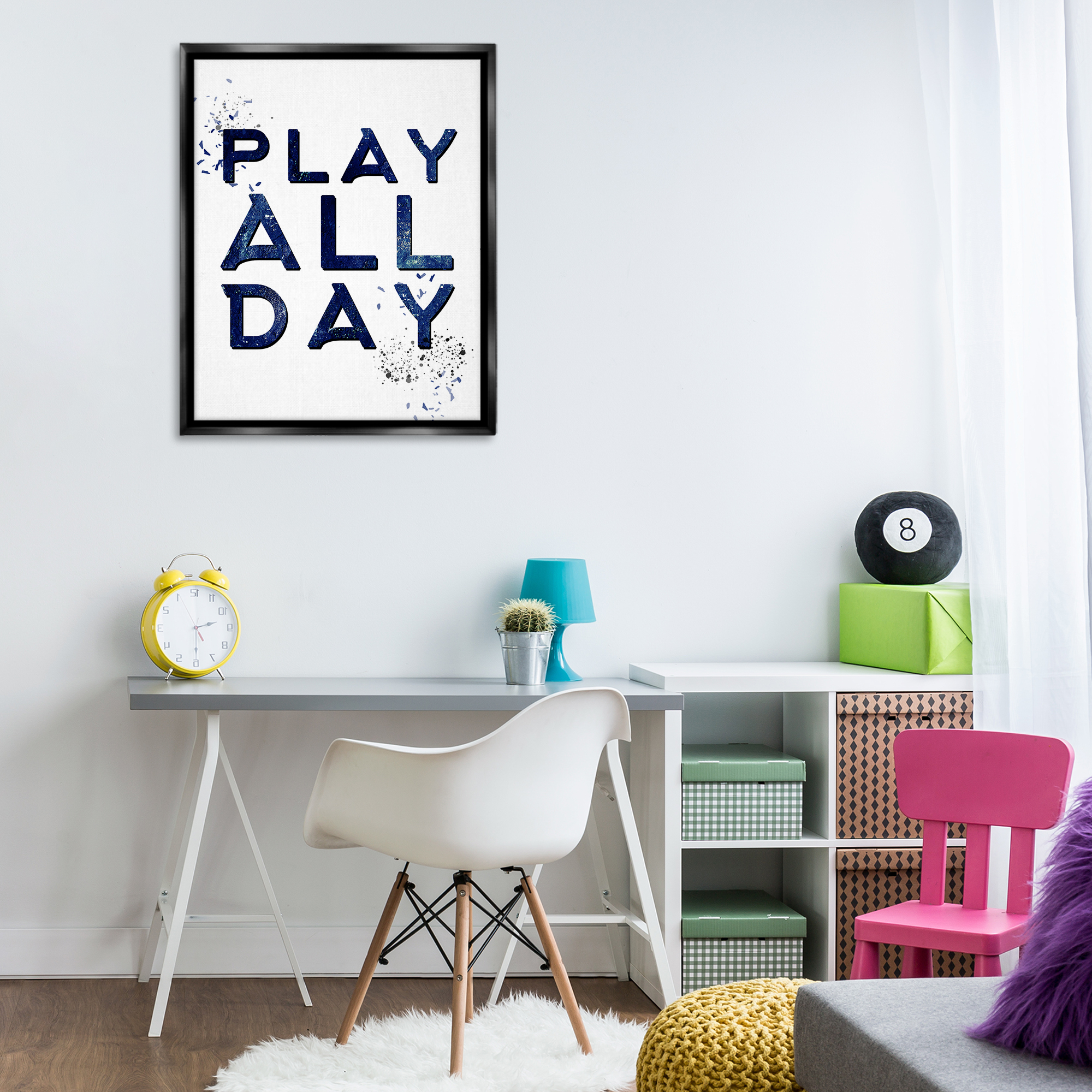 Stupell Industries Play All Day Gamer Entertainment Painting Black Floater Framed Canvas Art Print Wall Art, 25 x 31