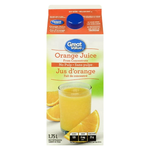 Great Value Orange No pulp Juice from Concentrate, 1.75L