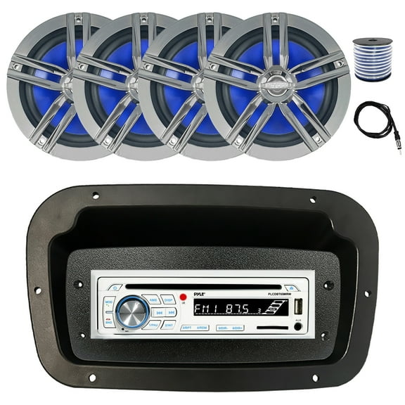 Pyle PLCDBT65 Single DIN Bluetooth Marine CD Stereo Receiver, Spa bezel, Adapter Plate, 22" Radio Antenna, Wire, 4x 6.5" 180 Watt Max Power 2-Way Water Resistant Audio Speakers (Charcoal)