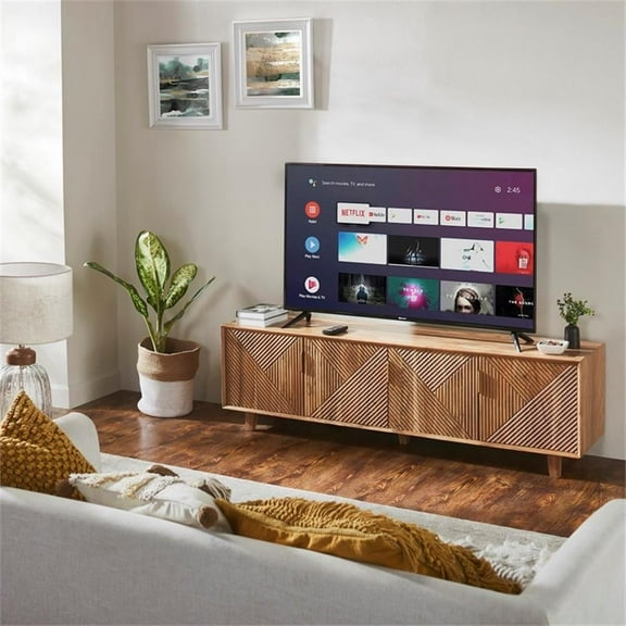 Pemberly Row Linear Solid Wood 68" TV Stand for TVs up to 78" in Natural finish