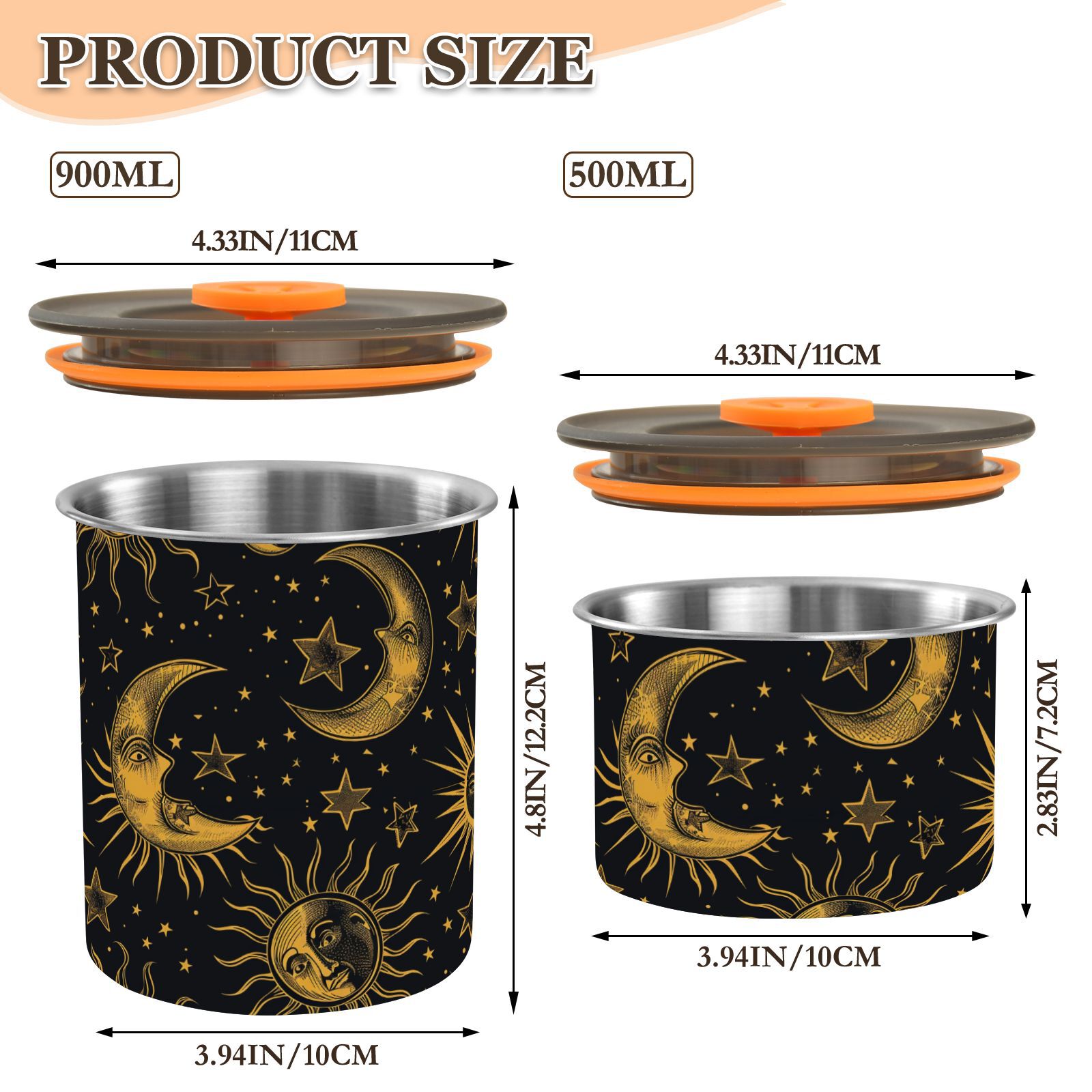 Sun Stars Crescent Moon Airtight Coffee Bean Canister 30oz Food Storage Containers with Lids For Gournd, Tea, Sugar, Flour, Rice, Cereal, Candy Cookie Jar