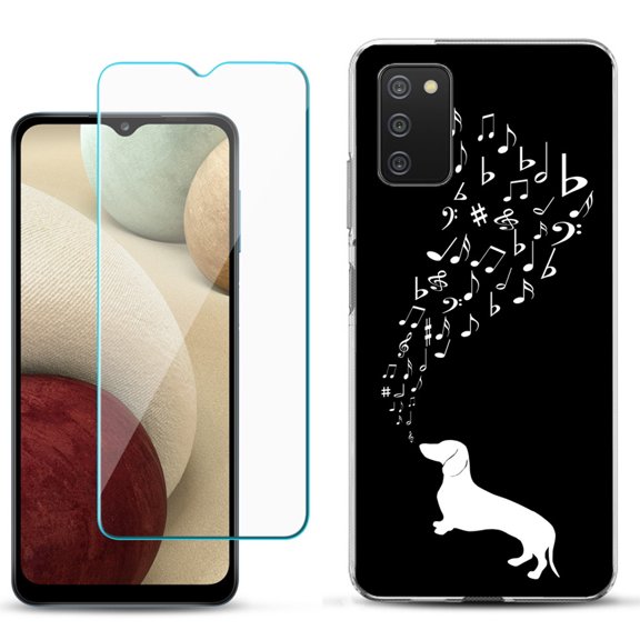 Slim-Fit TPU Phone Case Compatible with Samsung Galaxy A02s, with Tempered Glass Screen Protector, by OneToughShield ® - Dachshund/Puppy Music