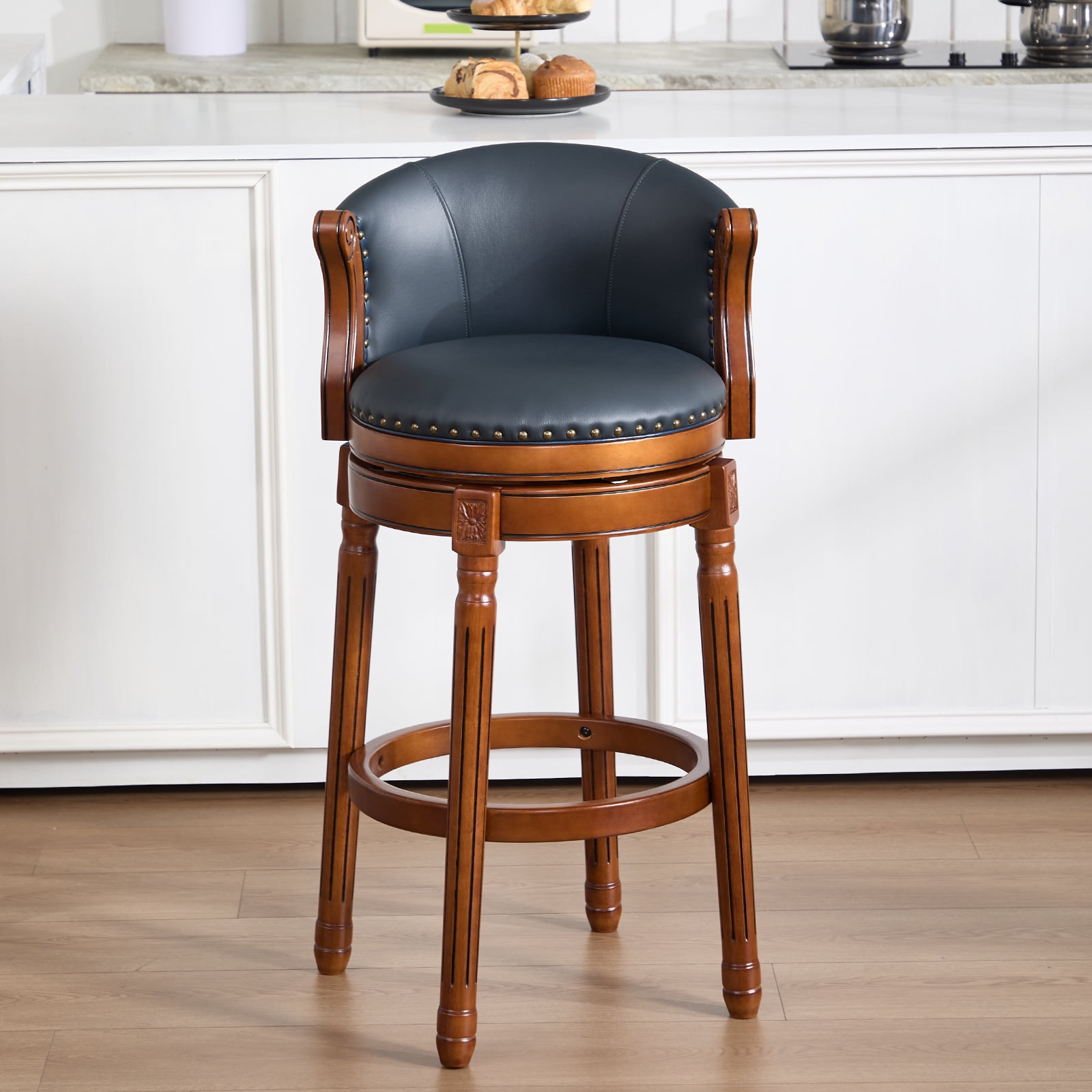 Aulife Bar Stools Counter Height Rubber Wood Swivel Barstools with Back & Footrest-Genuine Leather Upholstered Bar Chair for Bar, Kitchen, Dining Room