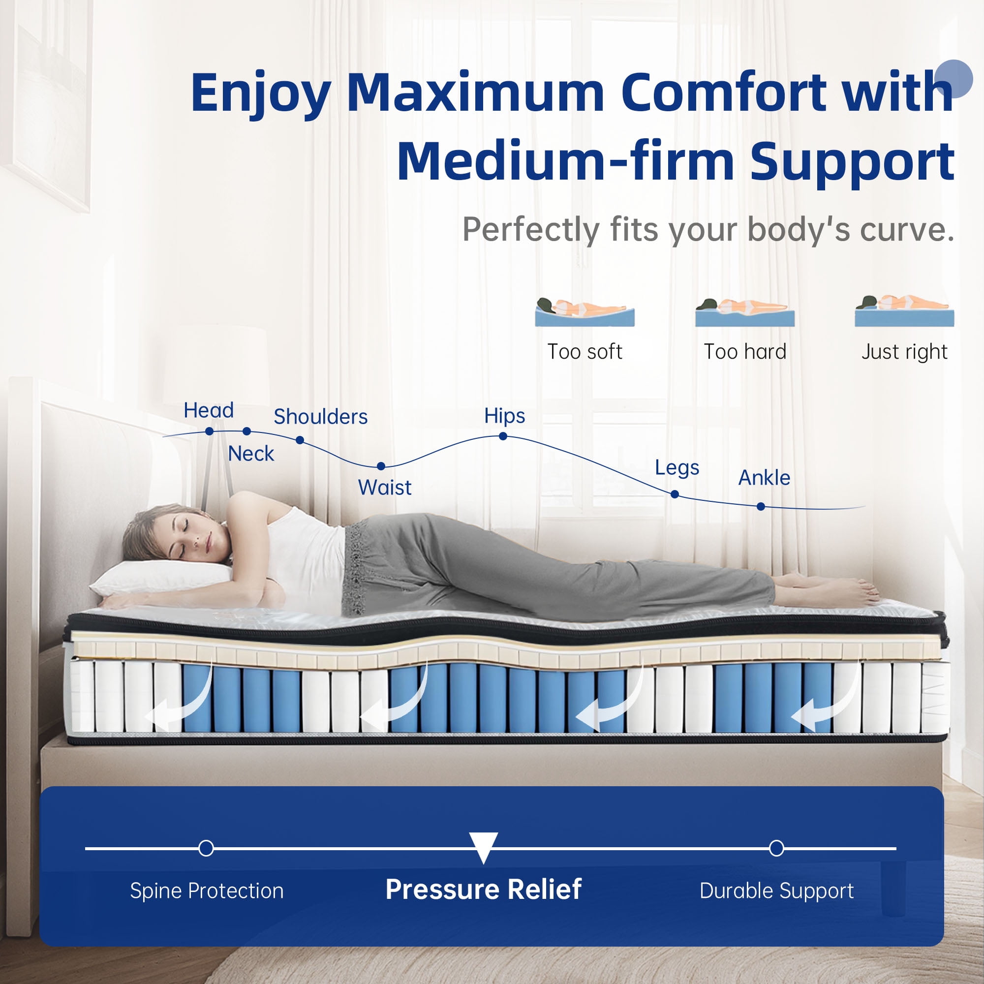 10" Twin Mattress Memory Foam & Individual Pocket Spring Hybrid Mattress, Medium Firmness, Mattress in a Box, CertiPUR-US